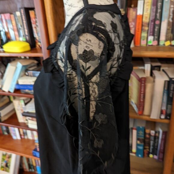 CECE black sheer long lace sleeve cold shoulder keyhole neck midi dress sz s nwt - Picture 2 of 6